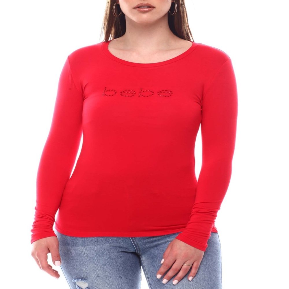 Bebe Long Sleeve Crew Neck Rhinestone Print Front Top, [Brand New]